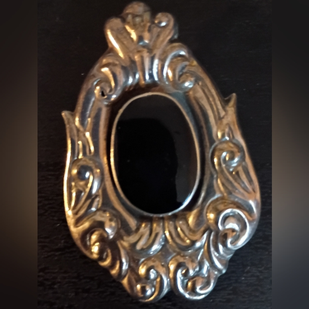 Large Vintage Sterling Silver And Onyx Pin Pendant